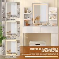 Tocador de Maquillaje con Luces LED, Brillo Ajustable, Mesa de Maquillaje con Espejo, con 2 Cajones Grandes y 4 Estantes Abiertos y Taquilla Lateral, Moderno, 90x40x135cm, Blanco - details 17