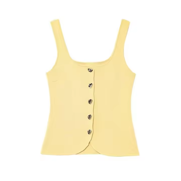 OUWU-Chaleco sin mangas de punto amarillo crema sólido para mujer, camiseta sin mangas con botones de una hilera y cuello cuadrado, Tops elegantes - 1