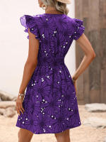 Vestido corto con estampado Floral para mujer, minivestido informal con manga con volantes, color morado - details 7