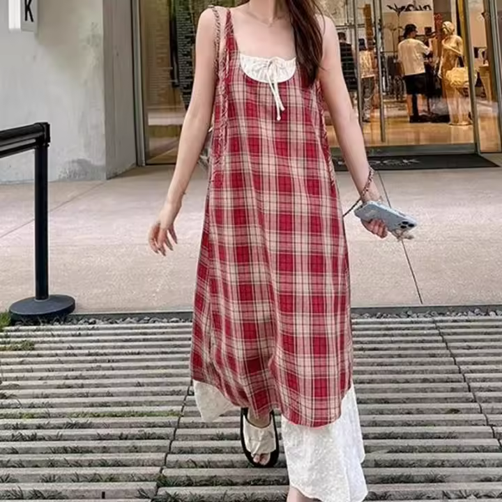 Vestido largo holgado Retro de verano para mujer, vestido con tirantes de dos piezas falso a cuadros para mujer - 1