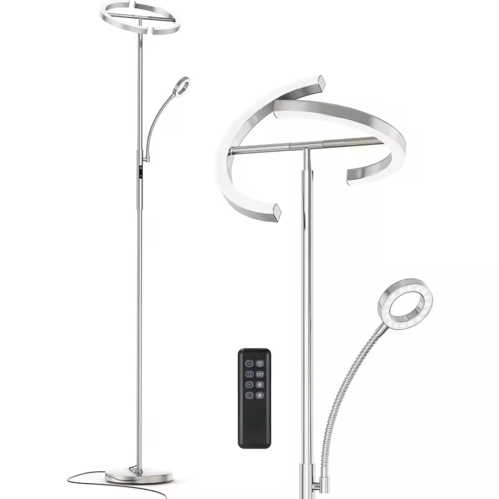 lámpara de pie regulable LED |   Lámpara de pie plateada 20W con lámpara de lectura flexible 7W |   4 temperaturas de color para salón, dormitorio, oficina, hotel - 1