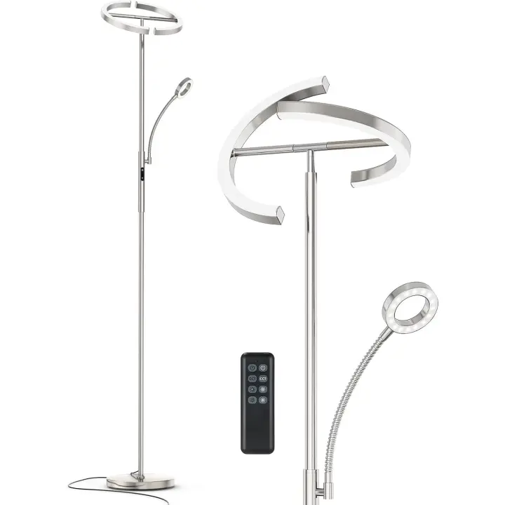 lámpara de pie regulable LED |   Lámpara de pie plateada 20W con lámpara de lectura flexible 7W |   4 temperaturas de color para salón, dormitorio, oficina, hotel - 1