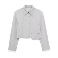 OUWU- Conjunto De 2 Piezas A La Moda Para Mujer, Camisas Grises Con Cuello De Solapa Y Pantalones Cortos Con Cremallera Lateral Vintage, Conjunto De Pantalones Cortos Elegantes Para Mujer - details 3