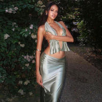 BUNO-Conjunto de faldas con espalda descubierta para Mujer, traje de playa elegante con cuello Halter y falda larga lisa, 2025 - details 6