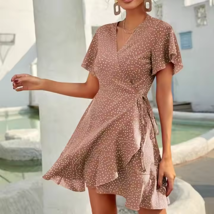 Vestido con cuello en V y tirantes de manga corta con abrigo de lunares francés y cordones para niñas dulces - 1