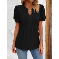 Camiseta holgada de Color sólido de manga corta con cuello en V para mujer a la moda de estilo coreano para verano - details 7
