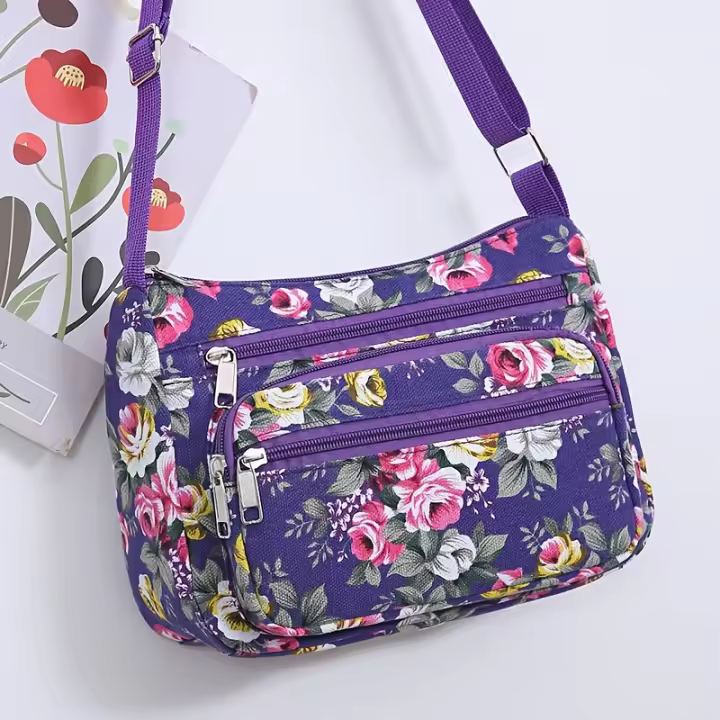 Bolso Cruzado de Lienzo con Estampado Floral Correa Ajustable, Cierre de Cremallera, Forro de Poliéster, Colores Mixtos, Mini Bolso de Hombro Casual para Mujeres Accesorio Casual - 1