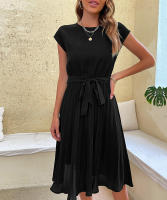 Vestido plisado elegante para mujer, manga corta con cinturilla, verde negruzco S, Verano - details 24
