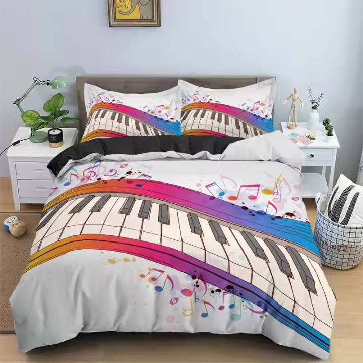 Cubierta de Dulces Tema de Música en Microfibra Patrón de Violín Piano Tamaño Cama Rápido - 1