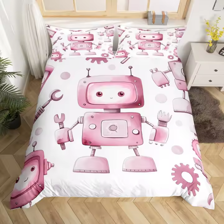 Cubierta de Edredón de Poliéster Inteligente Diseño de Robot y Flores de Acuarela - 1