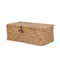 Cesta de estante de almacenamiento hecha a mano con tapa, organizador de maquillaje tejido de ratán Rectangular, contenedor multiusos, caja Natural - details 4