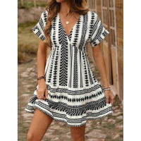 2024 nuevo vestido de vacaciones informal de verano con estampado geométrico y cuello en V y manga caída para mujer 1 - details 4