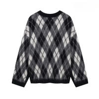 Moda mujer 2024 Otoño e Invierno nuevo jersey de punto a cuadros de diamantes casual suelto cuello redondo manga larga jersey cálido - details 1