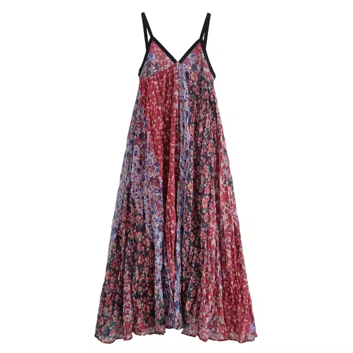 Vestido largo estilo vacacional holgado con estampado floral de verano 2025 con cuello en V y tirantes, nueva ropa de mujer. - 1