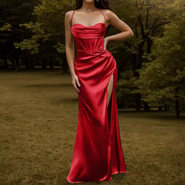 Corsé de satén con tirantes finos para mujer, vestido de noche, falda de pez, vestido reforzado - 1