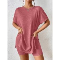 Conjunto de Dos Piezas Cómodo de Color Sólido Manga de Bato, Cuello Redondo, Shorts Ajustados para Mujeres - details 24