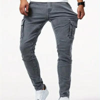 Jeans de Cargo de Denim Pantalones Casuales para Hombres de Cintura Media, Ajuste Delgado, Múltiples Bolsillos, Color Sólido - details 10