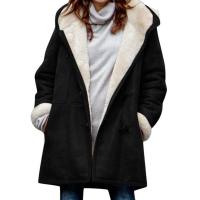 Chaqueta de mujer con forro de lana, hebilla de esquina con capucha, abrigo de longitud media, abrigo de piel resistente al viento para invierno, ropa de calle - details 5