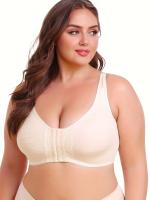 Sujetador deportivo para mujer de talla grande, con cierre frontal, cuello en V, poliéster elástico, color sólido con detalles de encaje, sin relleno, soporte bajo, tejido de punto, para correr y hacer ejercicio - details 13