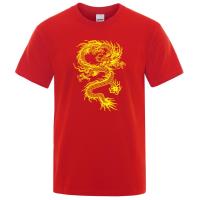 Camiseta holgada de algodón para hombre, ropa de calle de gran tamaño, transpirable, con estampado de dragón amarillo, estilo chino - details 16