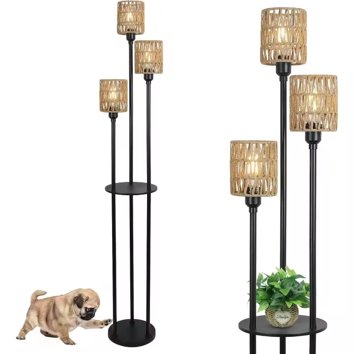 Lámpara de Pie Boho, Lámpara de Ratán de 3 Luces con Estante, Lámpara Industrial con Interruptor y Pantalla, Lámparas Altas para Salón Dormitorio Oficina - 1