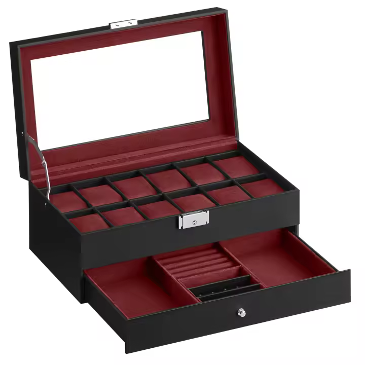 Caja de Reloj SONGMICS con Tapa de Cristal de 2 Niveles Almacenamiento para 12 Relojes Cerradura - 1