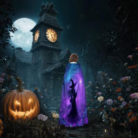 Capa con capucha gótica de varita de bruja del bosque encantado - Disfraz de Halloween lavable a máquina con brillo púrpura, sombrero de bruja y pantalones para juegos de rol masculinos y femeninos, fiestas de Halloween, temas de vampiro/señor oscuro - details 4