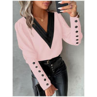 Blusa blanca de manga larga con cuello en V para mujer, Jersey informal y elegante para oficina, rosas, 2024 - details 1