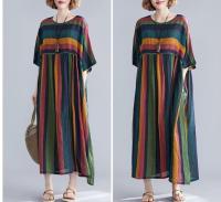 Vestido largo de lino y algodón para mujer, traje bohemio A rayas de talla grande, bolsillo, manga corta, línea A, informal, holgado, verde, 42-52 - details 2