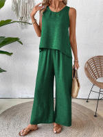 Chaleco informal de dos piezas con encaje calado de Color sólido para primavera y verano para mujer, pantalones largos de pierna ancha - details 11