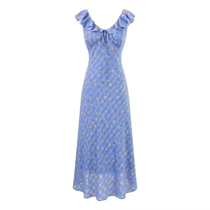 Vestido retro francés con volantes, borde de cordón, correa en la cintura, vestido corto floral, vestido largo de vacaciones, fiesta, falda. - 1