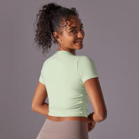Hamidou-camisetas deportivas ajustadas de manga corta para mujer, Tops atléticos de color sólido para entrenamiento, gimnasio, correr, ropa deportiva - details 22