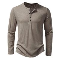 Camisa de cuello Henley de algodón para hombre, camisetas de moda de color sólido con botones informales de manga larga - details 11