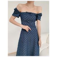 Nuevo temperamento, vestido largo azul para ir al trabajo, moda de verano con cintura, descanso para el café, vestido fino con cuello cuadrado francés para mujer - details 5