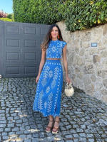 Conjunto De Top Y Falda De Algodón Y Lino Para Mujer Con Estampado Y Corteleya Sin Mangas Crop Top Con Cierre De Encaje Traje De Verano Para Playa - details 5