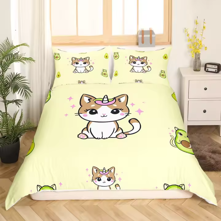 Conjunto de Funda de Dormitorio de Gato Unicornio de Dibujos Animados Cubierta de Cama de Tema de Animal para Niños Funda de Almohada de Polyester Kawaii - 1