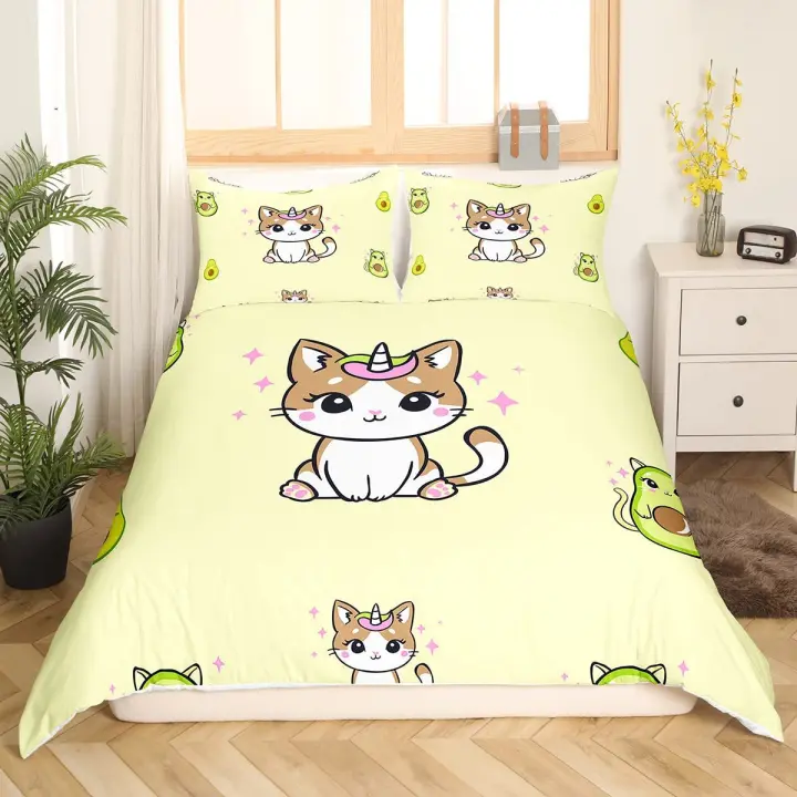 Conjunto de Funda de Dormitorio de Gato Unicornio de Dibujos Animados Cubierta de Cama de Tema de Animal para Niños Funda de Almohada de Polyester Kawaii - 1