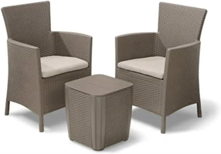 Conjunto de jardín, terraza o balcón Exterior 2 plazas con Cojines incluidos y Mesa de almacenaje Auxiliar, Resina con Acabado ratán Plano, Color Capuchino - 1