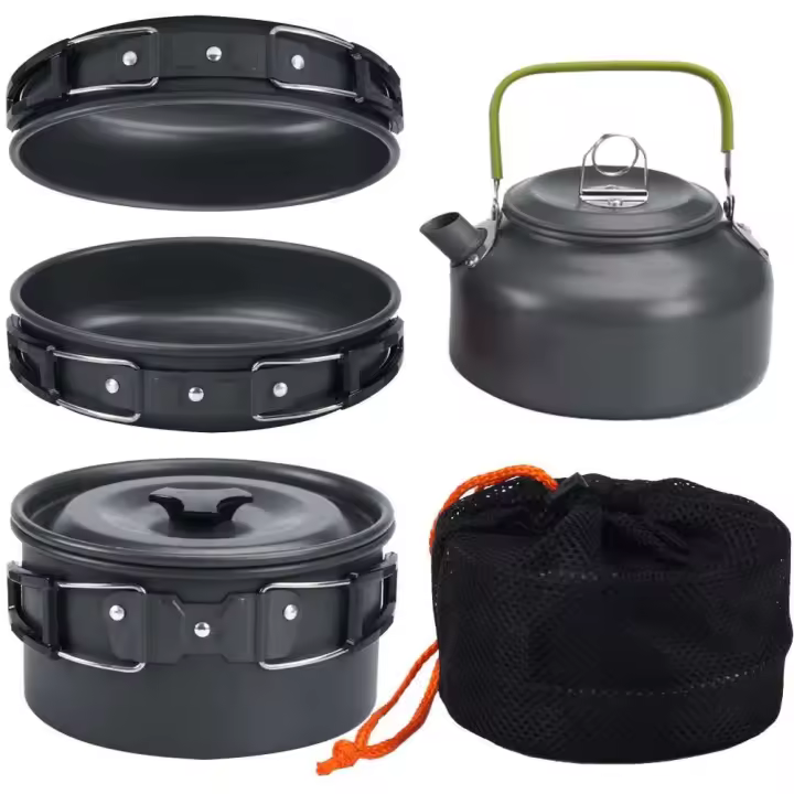 Kit de cocina al aire libre, olla de aleación de aluminio, sartén y tetera, juego de cocina portátil, accesorios ligeros para acampar - 1