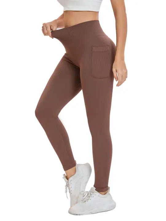 Leggings Deportivos de Hilo Sin Costuras de Alta Cintura Pantalones de Yoga para Mujeres con Bolsillo - 1