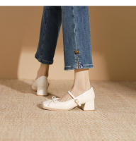 Zapatos individuales de tacón grueso cosidos con lazo de nuevo estilo, zapatos de mujer de tacón medio. - details 13