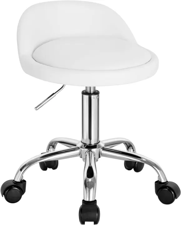 Silla de Oficina de Cuero Sintético Silla de Escritorio sin Brazos Taburete Giratorio para Sala de Masaje SPA Taburete de Tocador Blanco - 1
