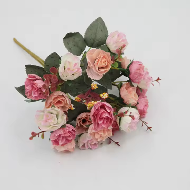 Ramo de rosas de 21 cabezas, accesorios de bricolaje de flores artificiales, adorno de mesa, flores de simulación, accesorios de fotografía multicolores - 1