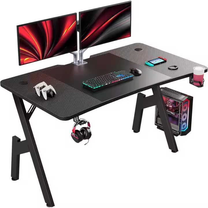 Mesa Gaming 120 x 60 cm, Escritorio Gaming Ergonómica, Mesa Gamer de Fibra de Carbono, Mesa para Ordenador con Portavasos y Gancho para Auriculares, Negro - 1