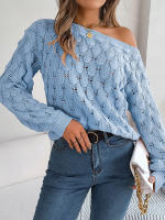 Suéter de manga larga con cuello de una línea para mujer, Jersey ahuecado de Color sólido, hombros descubiertos, Tops de punto, otoño e invierno, 2023 - details 18