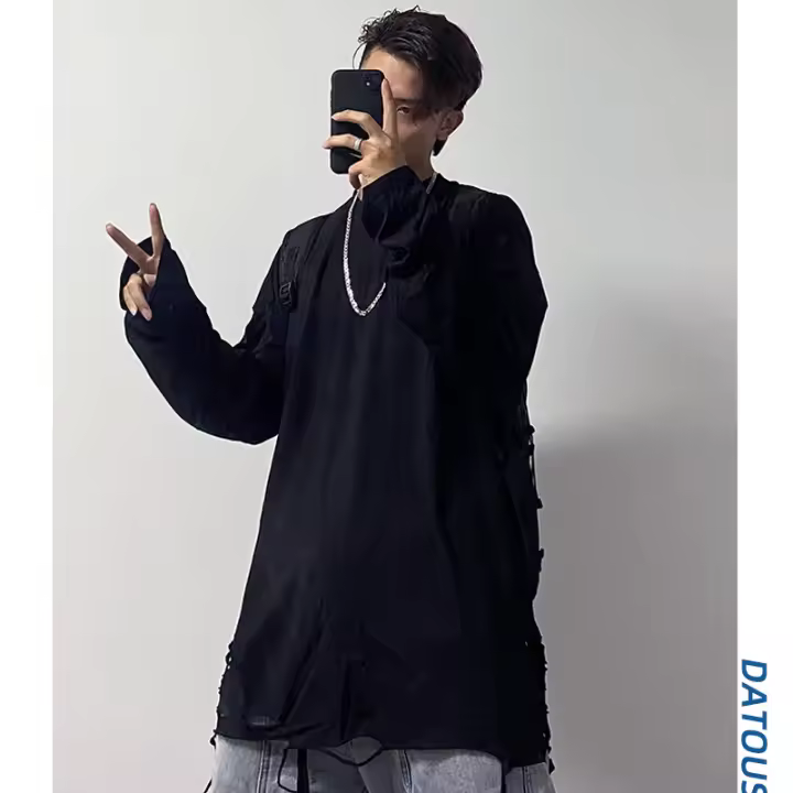 Camiseta Larga de Manga Blanca Desgastada Moda Casual para Hombres Algodón Suelto Estilo Hip Hop - 1