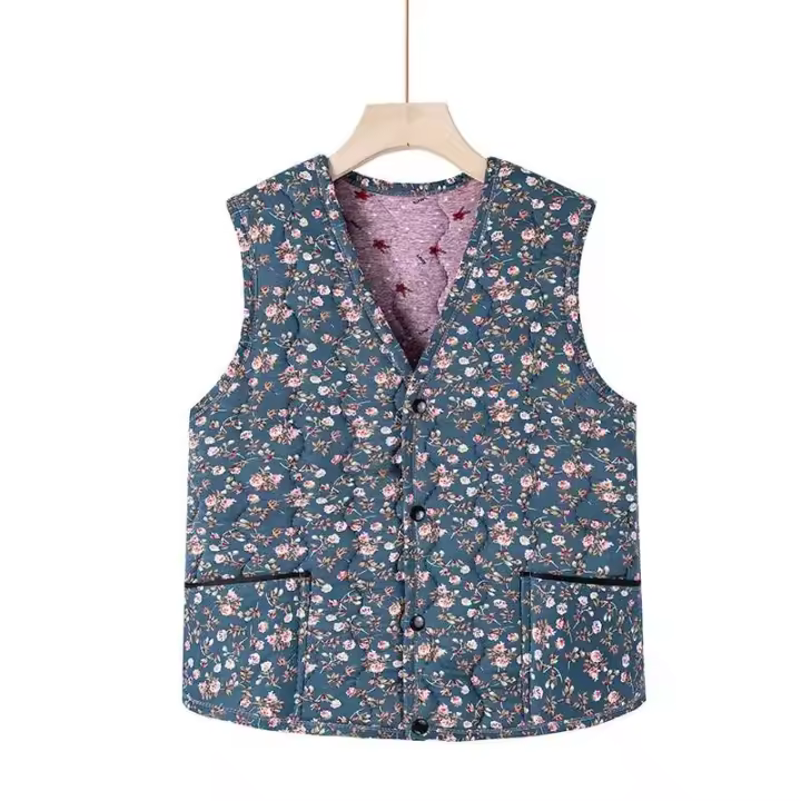 Chaquetas florales, chaqueta ultraligera sin mangas de otoño, base de algodón cálida para invierno, chaqueta con botones para mujer - 1