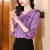 Elegantes Camisas y Blusas Francesas para Mujer Top de Manga Larga con Cuello en V y Volantes - details 7