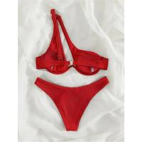 Conjunto de Bikini de un hombro para mujer, traje de baño Sexy con aro de realce rojo y negro, traje de baño brasileño recortado, Tanga, 2025 - details 1