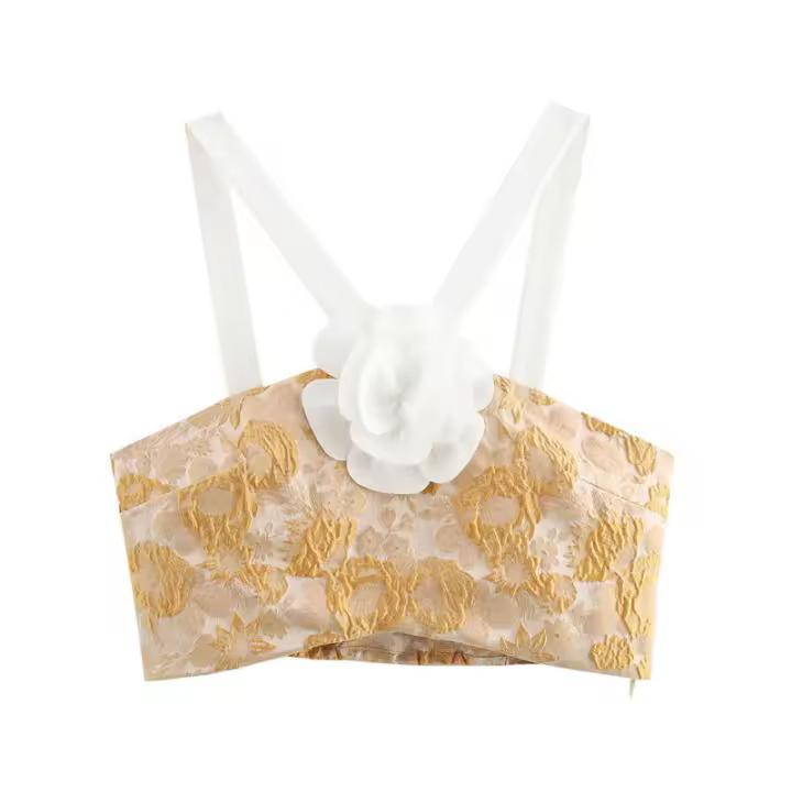 OUWU- Top Corto De Jacquard Con Decoración Floral Tridimensional De Temperamento Minimalista De Estilo Francés Para Mujer - 1